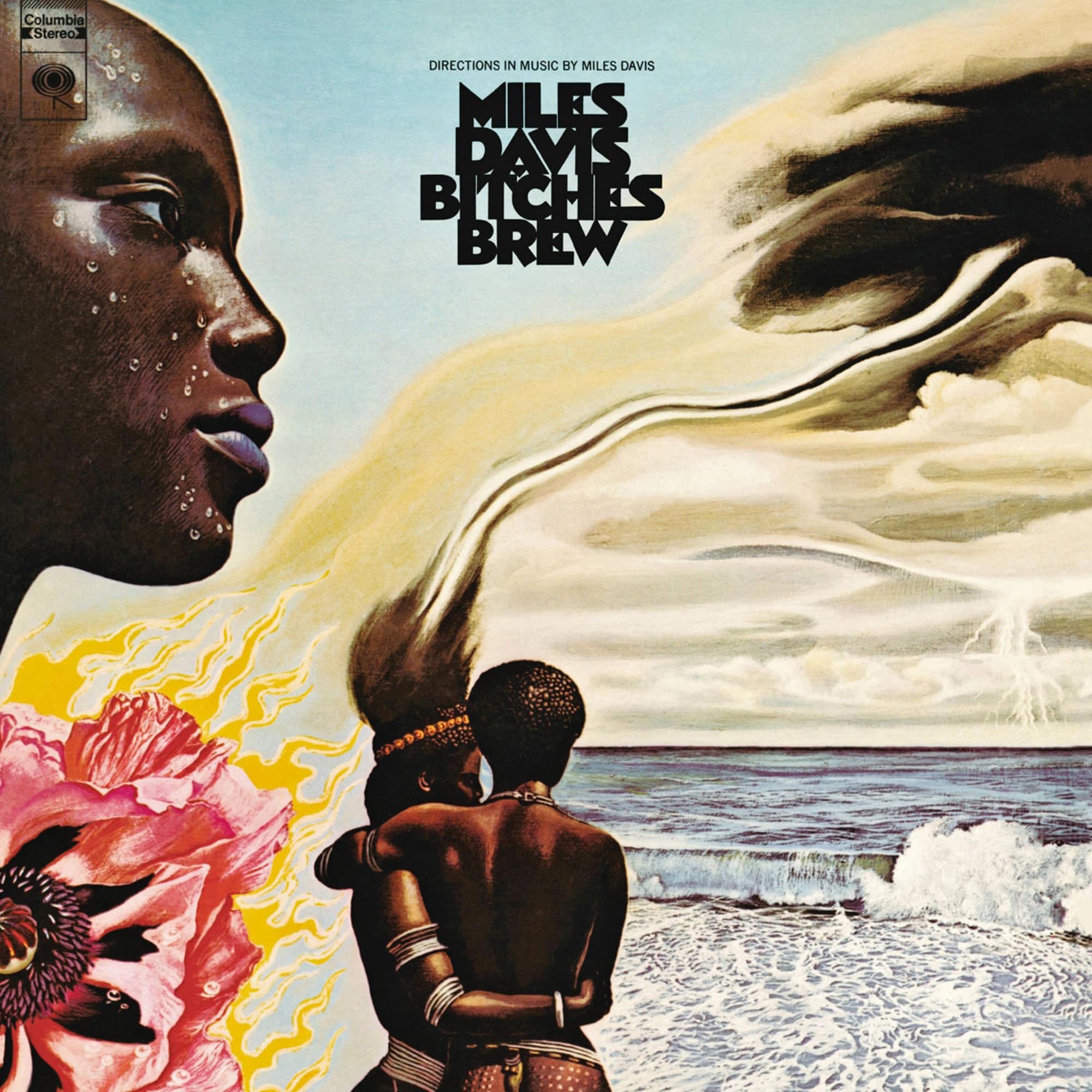 Album borító: Miles Davis 'Bitches Brew', figurákkal és óceánnal.