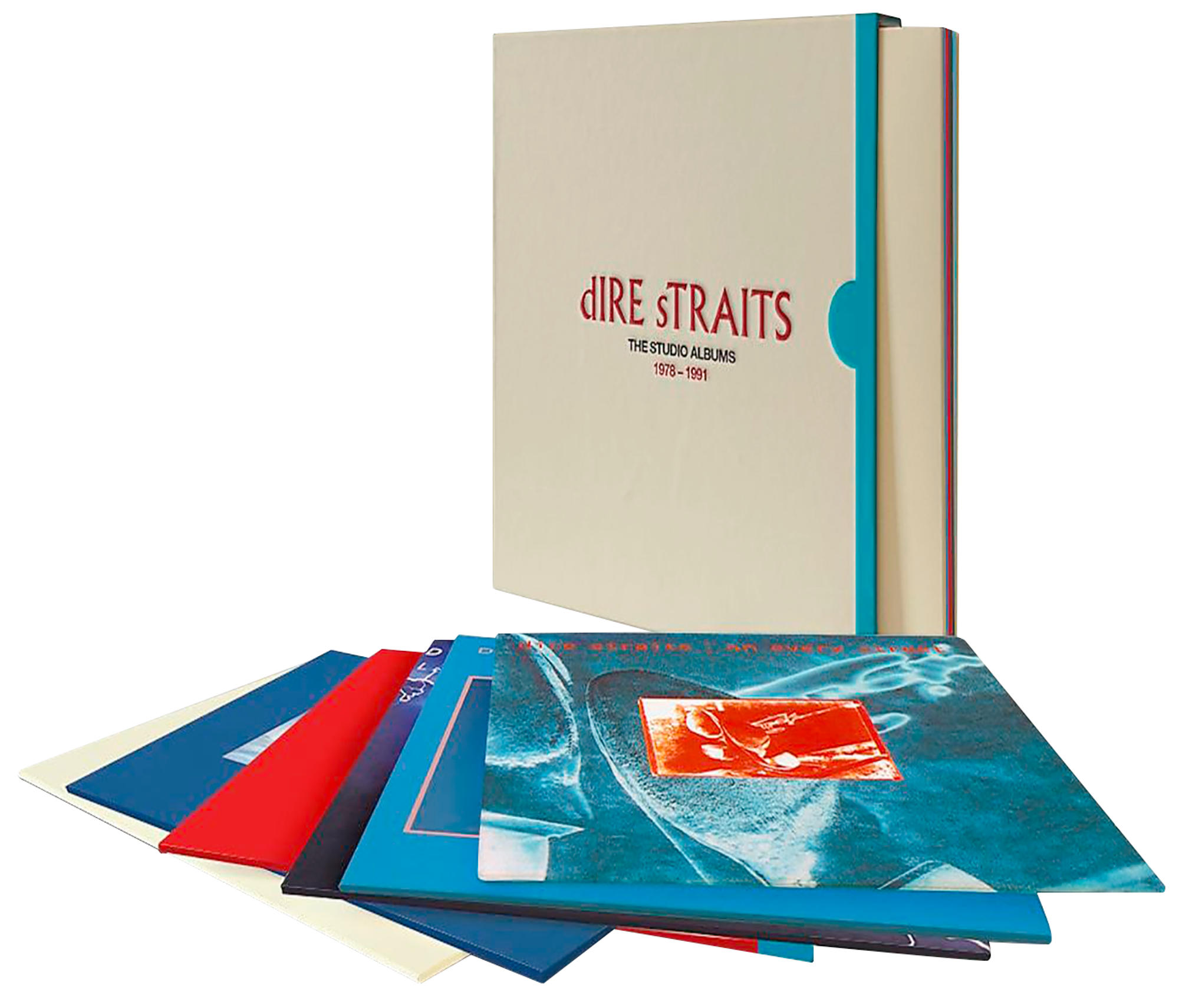 Dire Straits Album-Box-Set mit mehreren ausgefächerten Albumcovern.
