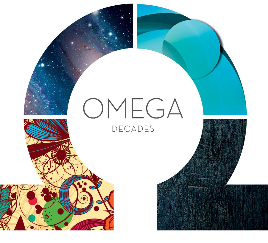 Album borító. Omega szimbólum színblokkokkal: Galaxis, virágos, kék és sötét textúra.