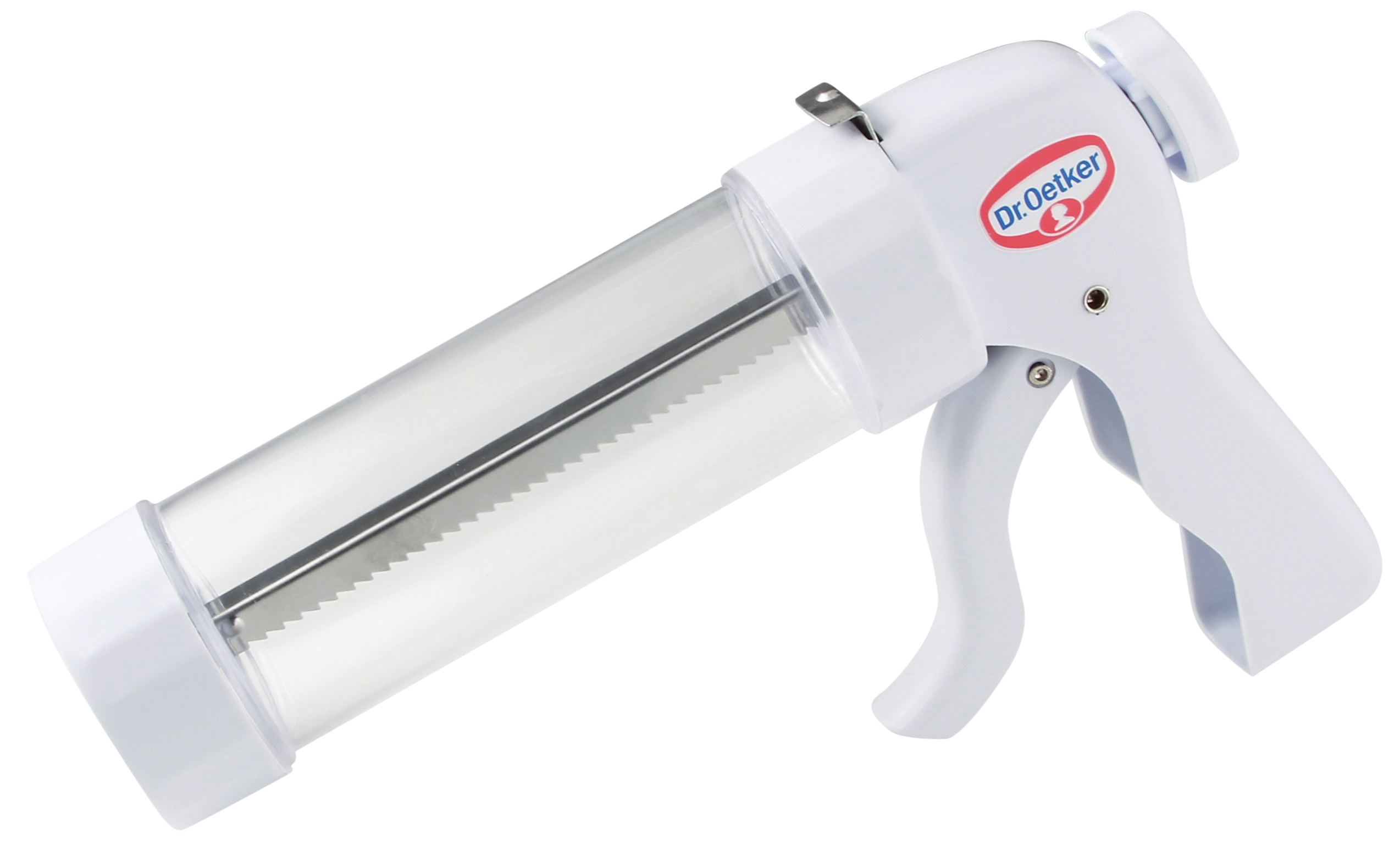 Weiße Dr. Oetker Keks-Spritzpistole mit transparentem Zylinder und Griff.
