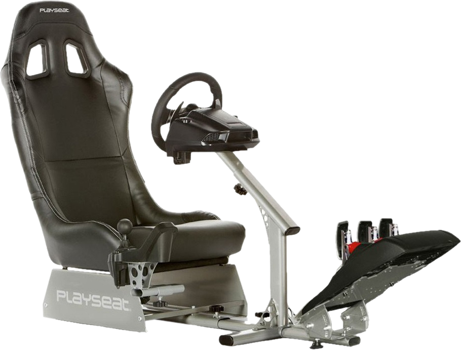 Fekete Playseat versenyszimulátor üléssel, kormánnyal és pedálokkal, fekete háttéren.