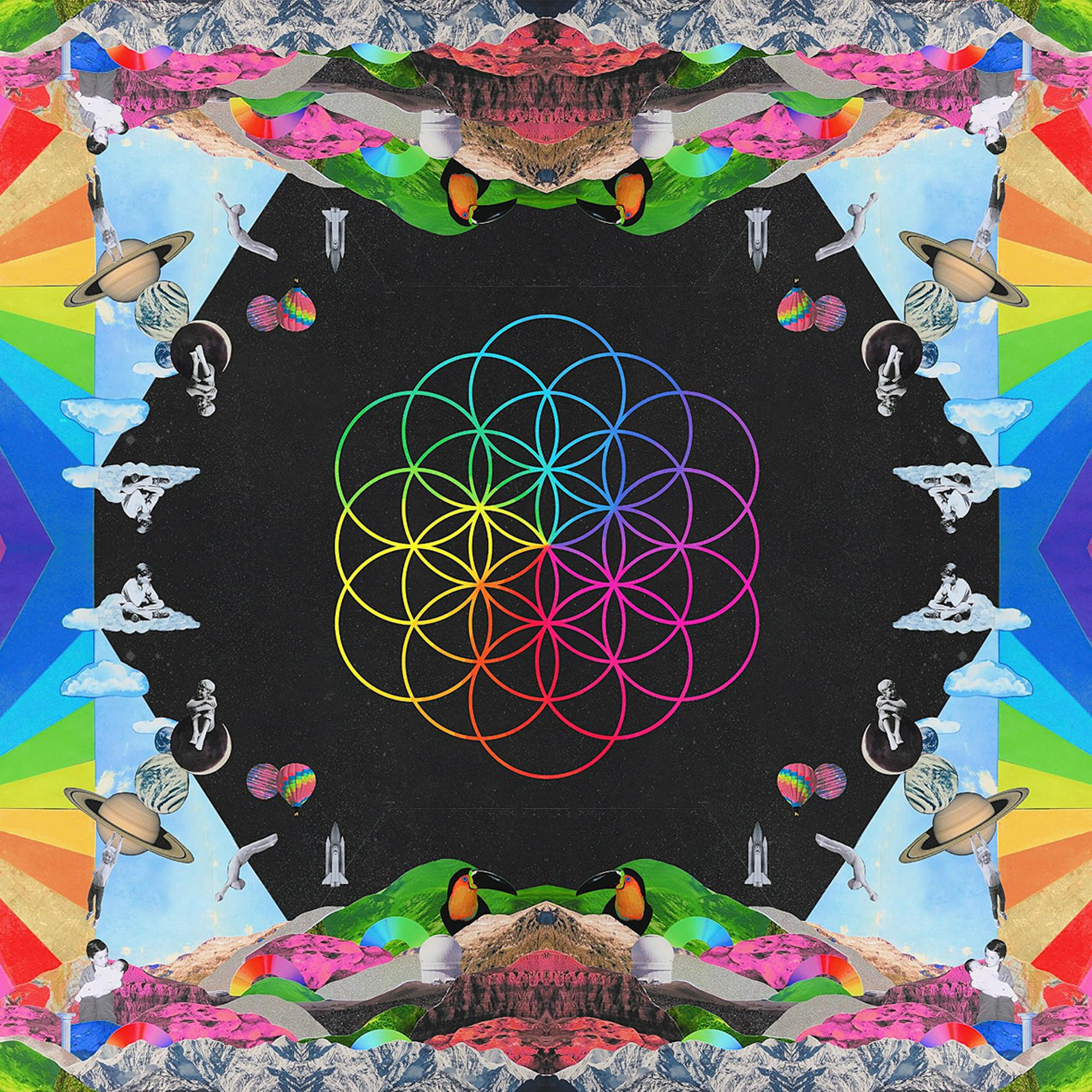 Pochette d'album avec un design circulaire coloré sur fond noir. Planètes et autres éléments.