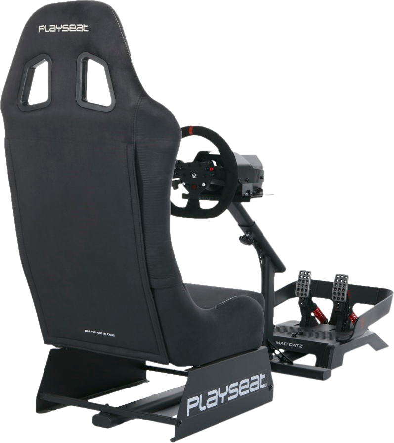 Playseat versenyszimulátor. Fekete versenyülés, kormánykerékkel, pedálokkal és kerettel.