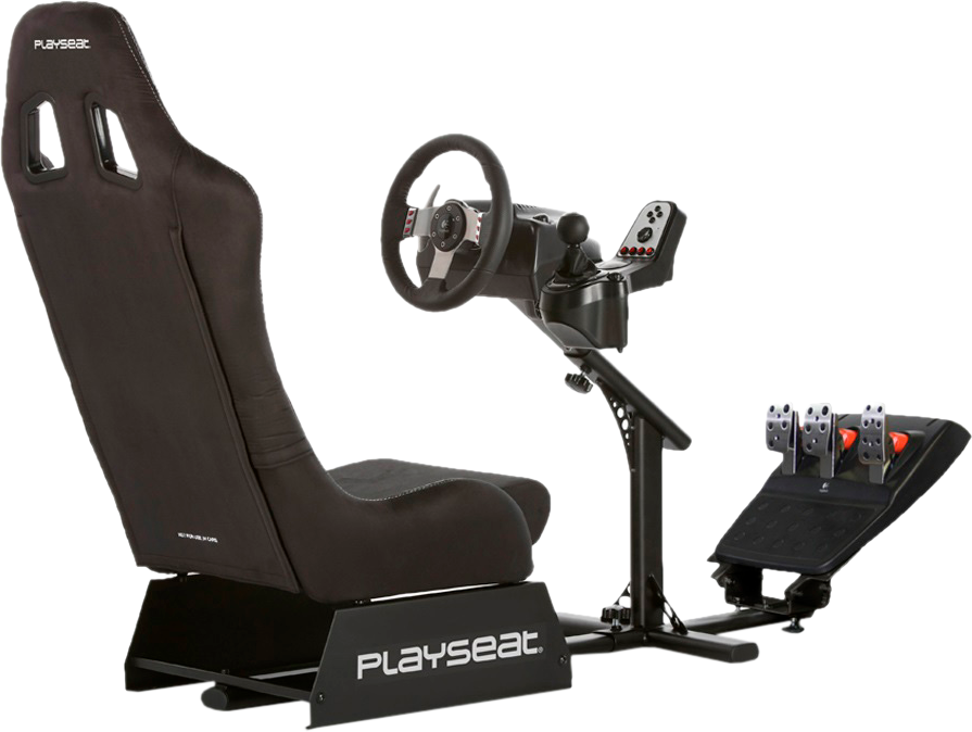 Fekete-szürke Playseat versenyszimulátor üléssel, kormánnyal és pedálokkal.