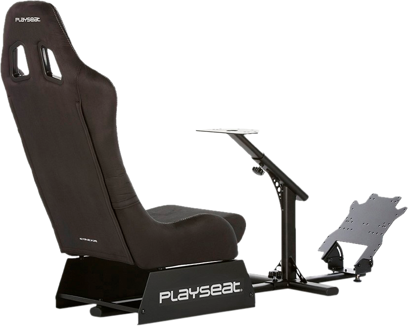 Egy fekete versenystílusú gamer szék fekete állvánnyal, kis asztallal és lábtartóval, fehér háttérrel.