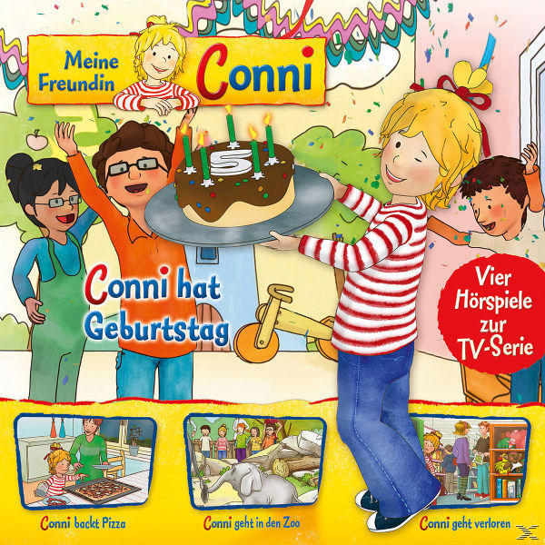 Kinderbuchcover: 'Conni' mit einem Jungen, der einen Kuchen hält, andere Kinder und eine Geburtstagstorte.