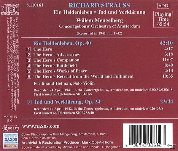 Rückseite einer Richard Strauss CD mit Albumdetails, Trackliste und Credits. Dunkelroter Hintergrund.