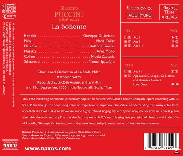 Rückseite eines CD-Covers mit Auflistung der Opernbesetzung und der Titel von La Bohème von Giacomo Puccini.