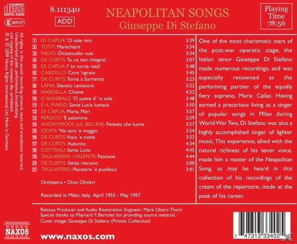 CD-Rückseite mit Titelliste und Text auf Italienisch. Text auch über den Künstler Giuseppe Di Stefano.