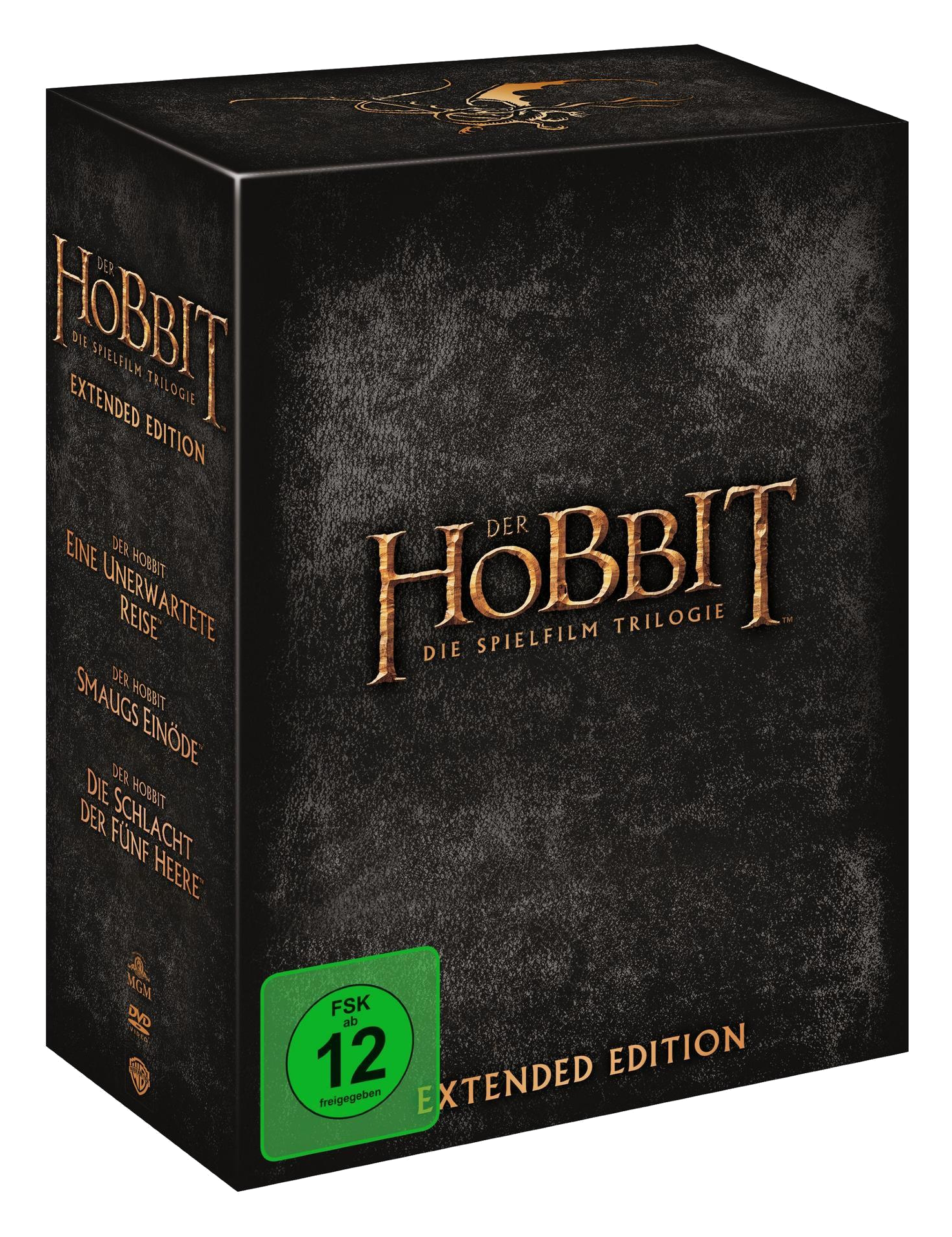 Box-Set der Hobbit-Trilogie-Filme. Schwarze Box mit goldener Schrift und grünem Altersfreigabeaufkleber.