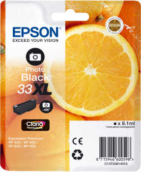 Epson Tintenpatrone mit orangefarbenem Hintergrund. Enthält schwarze Tinte und Produktdetails.