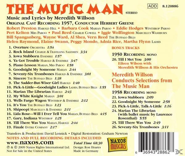 A The Music Man album borítója. Felsorolja a dalokat, az előadókat és a részleteket az 1957-es musical produkció eredeti felvételéből.