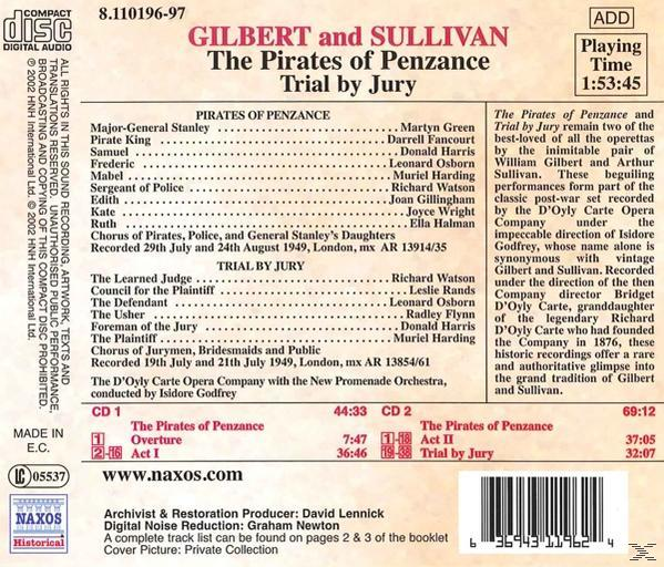 Ein CD-Cover mit englischem Text über Gilbert und Sullivans 'The Pirates of Penzance'.
