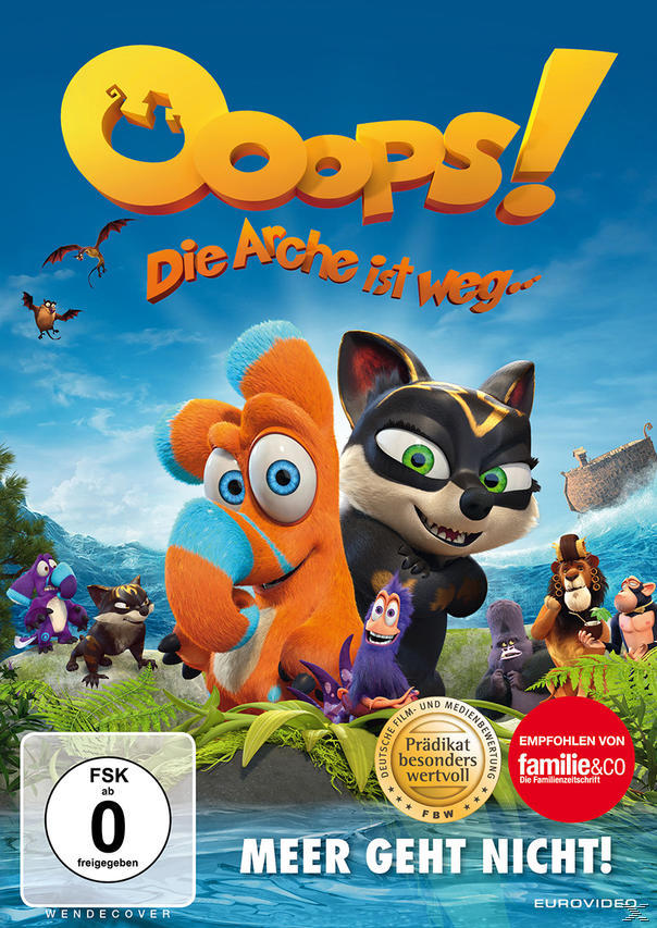 Zeichentrickfilmplakat mit Zeichentricktieren, blauem Himmel und dem Titel 'Oops!'.
