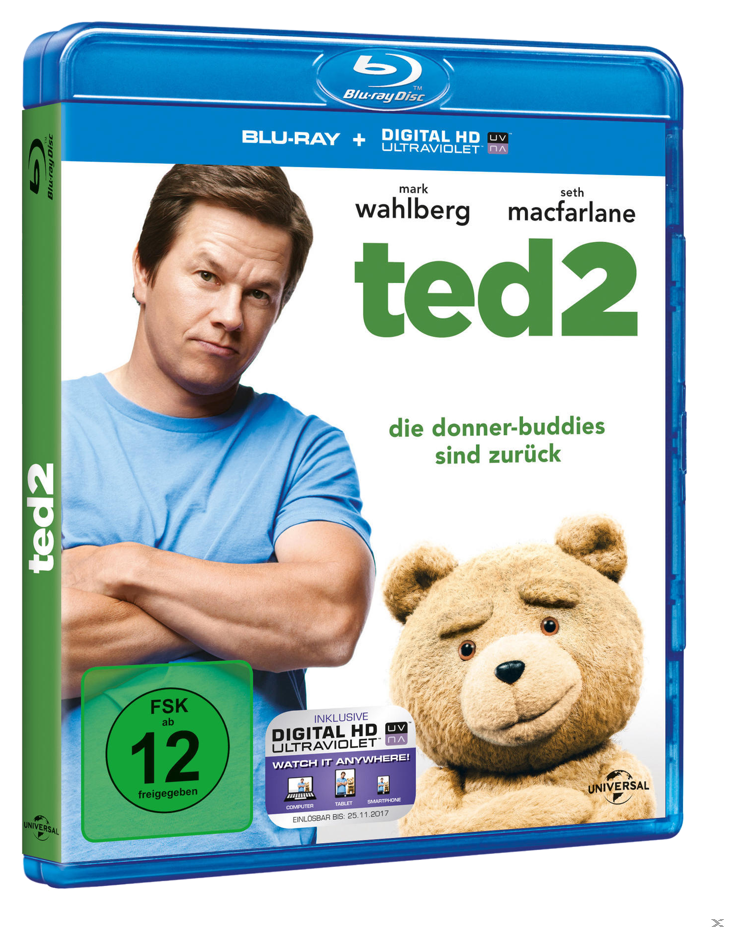 Blu-ray-Hülle für 'Ted 2', Mark Wahlberg und Ted der Bär sind zu sehen.