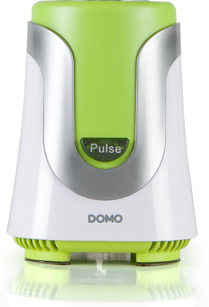 Een witte en groene blender met een pulse-knop. De merknaam DOMO is zichtbaar.