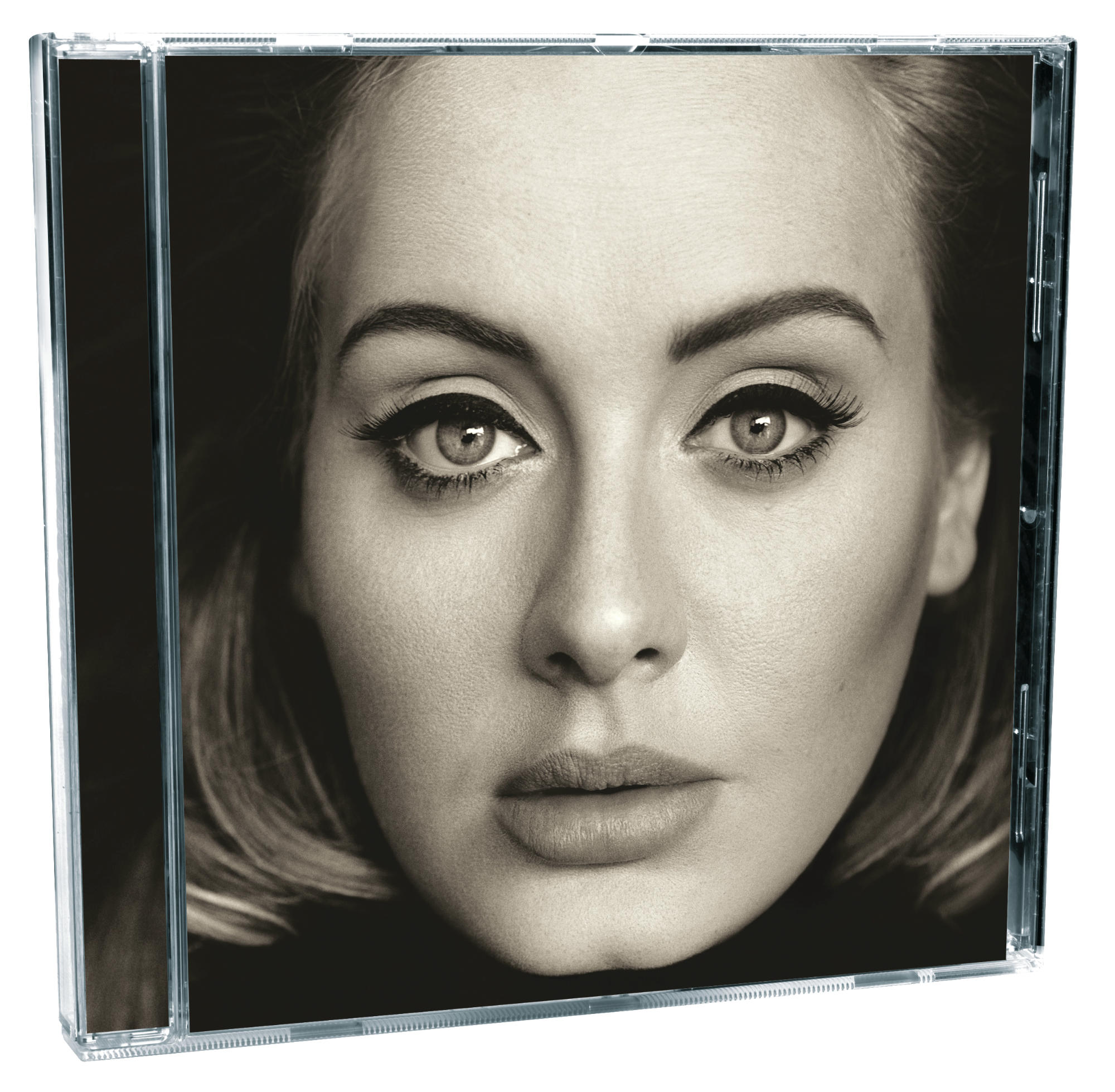 Pochette d'album d'Adele, gros plan de son visage, ton sépia, dans un boîtier de CD.