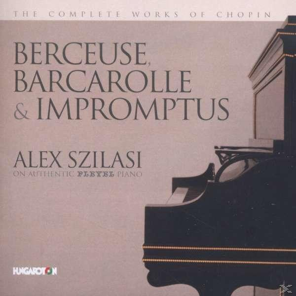 Album borító fekete zongorabillentyűkkel és a 'Berceuse, Barcarolle & Impromptus' címmel, Alex Szilasi előadásában.