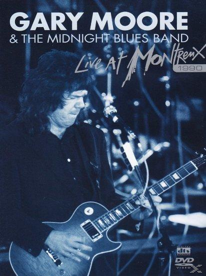 Gary Moore spielt Gitarre, Live in Montreux 1990. Bühnenhintergrund.
