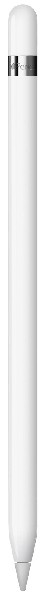 Biały Apple Pencil ze srebrną opaską. Tekst: Apple Pencil.