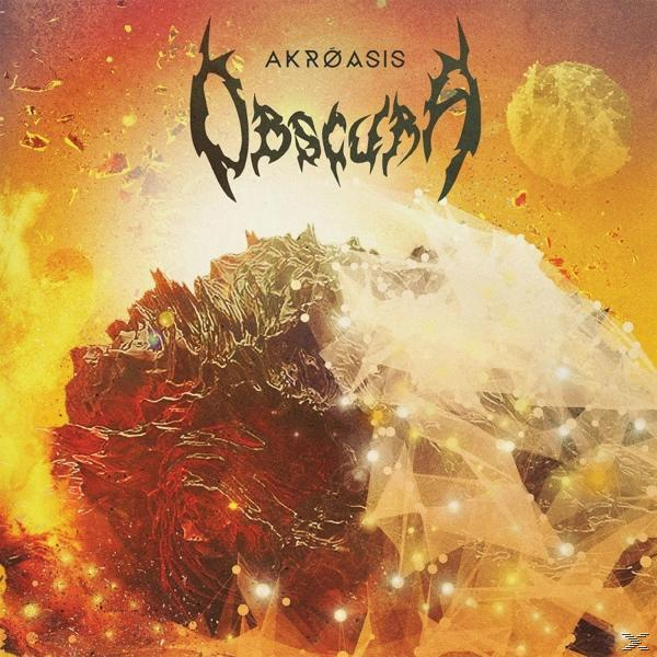 Albumcover mit feuriger Landschaft und Text in dunkler Schrift: Obscura, Akroasis.