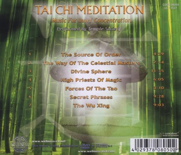 CD-Cover für Tai Chi Meditation. Grüner, bambusartiger Hintergrund mit Text über Musik für innere Konzentration.