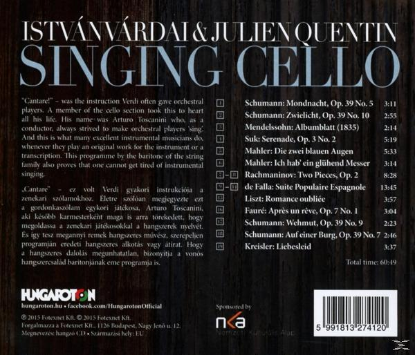 Album borító: István Várdai & Julien Quentin - Singing Cello. Szöveg és számlista fehér háttérrel.