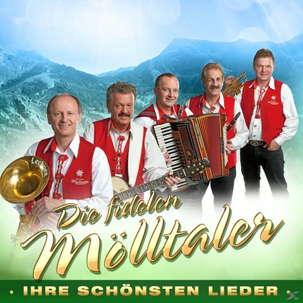 Albumcover, Die fidelen Mölltaler, Band aus fünf Männern in roten Westen, die Instrumente spielen.