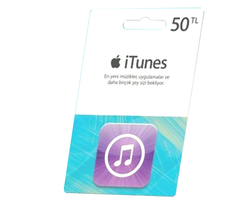 Mor müzik notası simgesi ve 50 TL içeren beyaz iTunes hediye kartı.