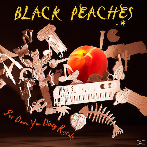 Albumhoes met een perzik, diverse witte uitsparingen en tekst. De tekst luidt 'Black Peaches' en 'Get Down You Dirty Rascals'.
