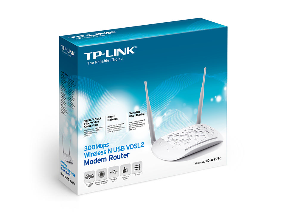 Antenli beyaz bir TP-Link modem yönlendirici kutusu. Mavi ve beyaz grafikler, ambalaj üzerindeki metin.