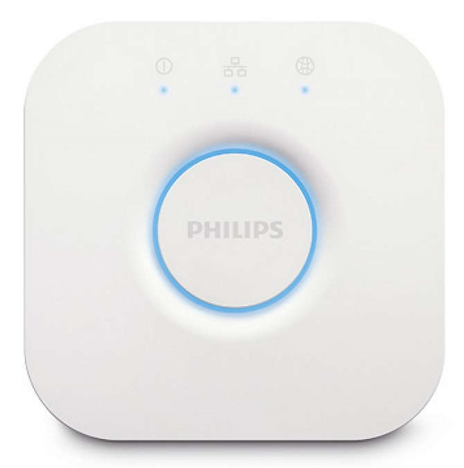 Witte vierkante Philips apparaat met een blauwe lichtring rond een centrale knop.