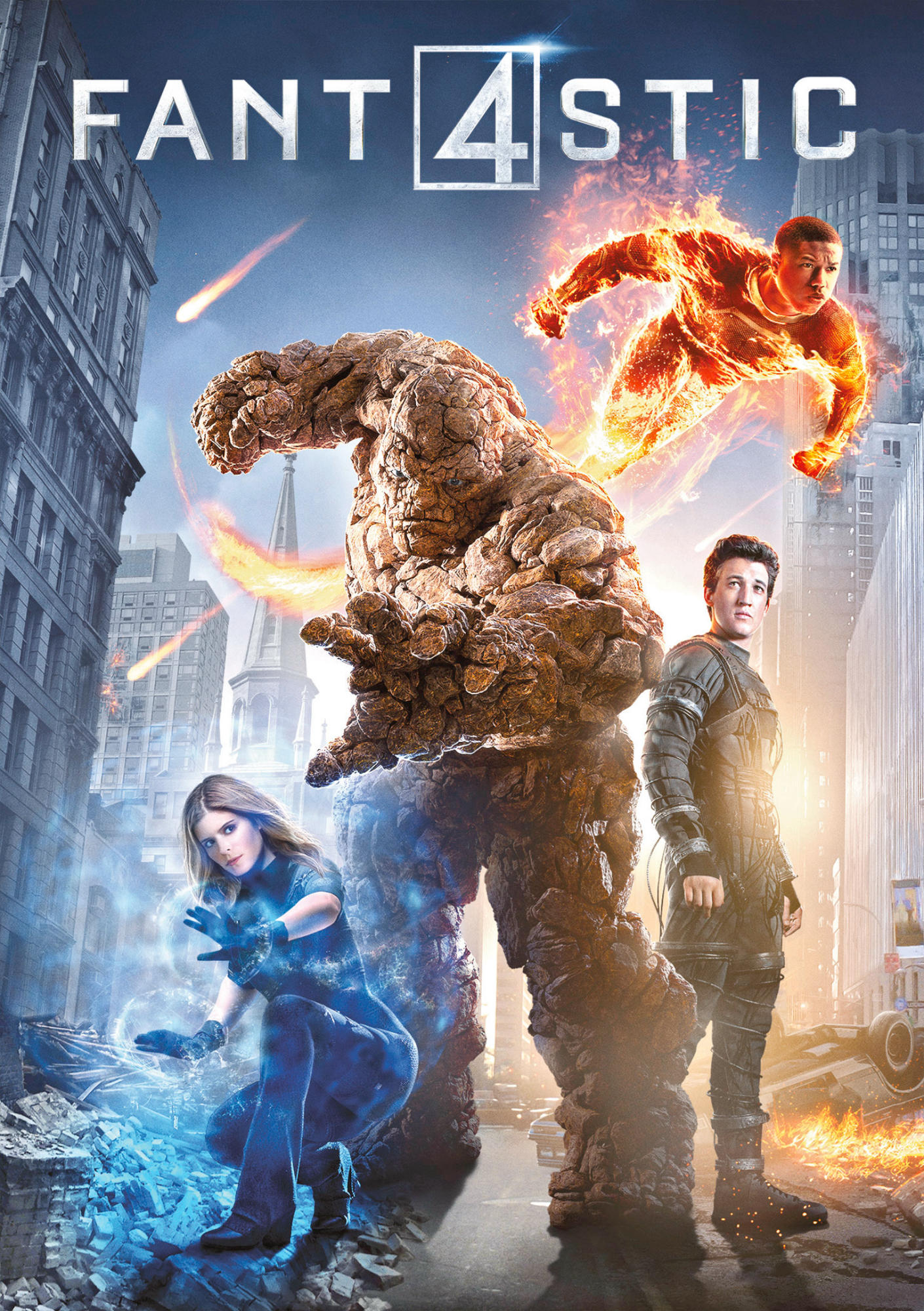 Affiche du film des Quatre Fantastiques avec des super-héros dans un cadre urbain.