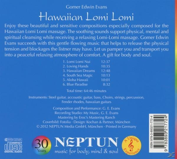 Hawaiian Lomi Lomi Album-Rückseite. Enthält Text über die Musik und Titelliste.