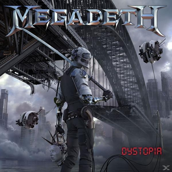 Albumcover mit einem Cyborg, der ein Schwert hält, einem Stadt-Hintergrund mit fliegenden Robotern und dem Titel 'Dystopia'.