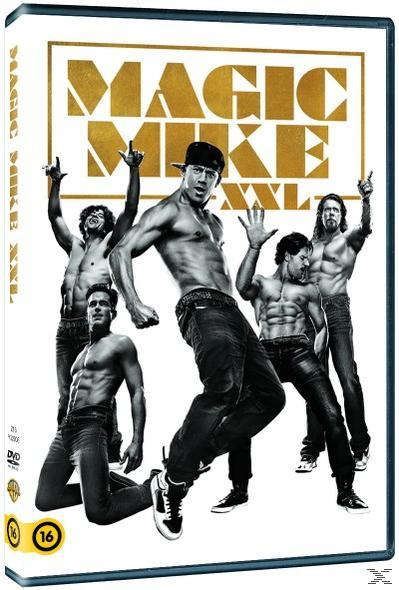 A 'Magic Mike XXL' DVD borítója hat, félmeztelen férfival, különböző pózokban, fehér kerettel.