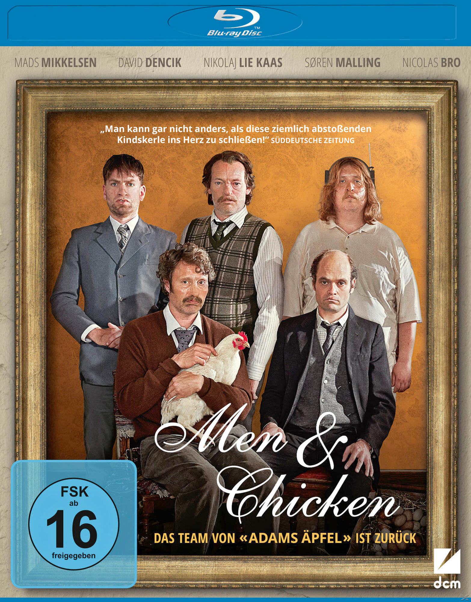 DVD-Cover mit fünf Männern, einer hält ein Huhn, mit Titel und Text im Bild.