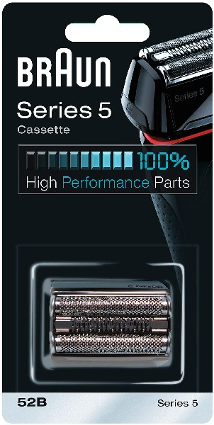 Kaseta wymienna do golarki Braun Series 5. Czarno-srebrny design, szczegóły produktu na opakowaniu.