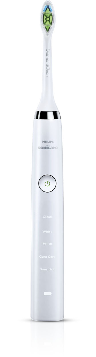 Eine weiße Philips Sonicare Zahnbürste mit grünen Borsten und einem Power-Knopf. Der Markenname ist sichtbar.