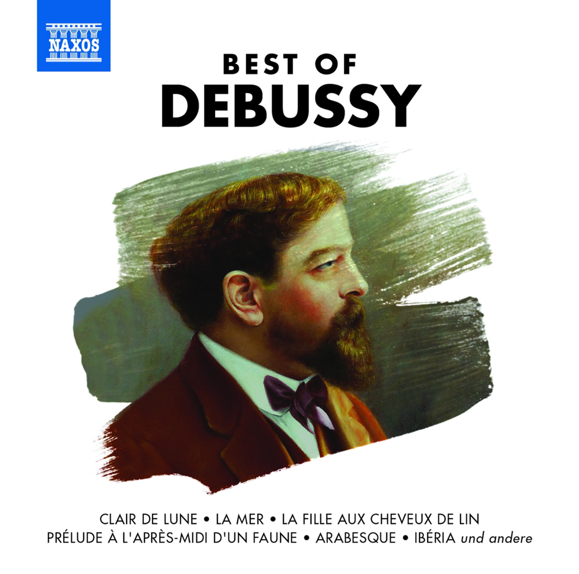 Albumcover mit Porträt eines Mannes mit Bart und Text: „Best of Debussy“.