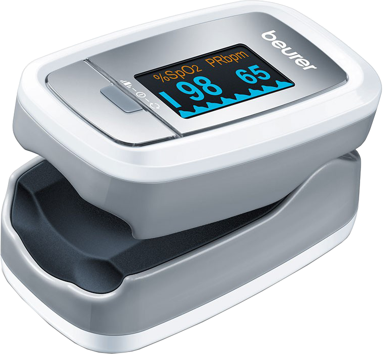 Ein Beurer Pulsoximeter. Zeigt %SpO2 und Pulsfrequenz an.