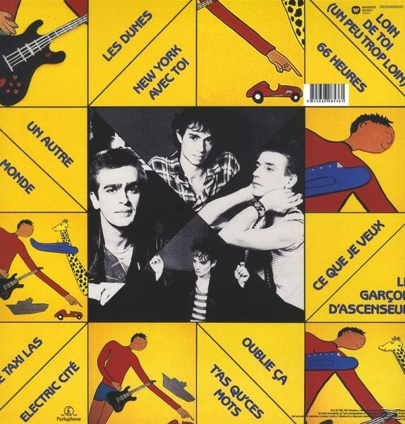 Albumcover mit Bandmitgliedern, farbenfrohen Grafiken und französischen Songtiteln.