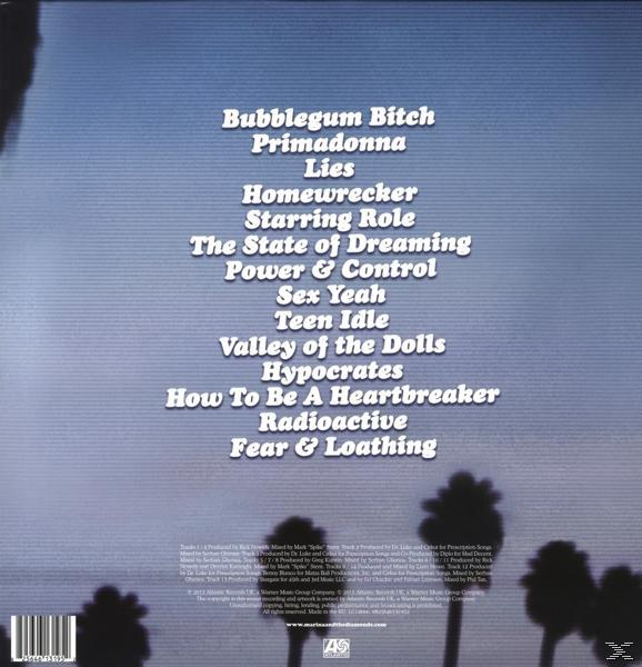 Rückseite des Albums mit Songtiteln: Bubblegum Bitch, Primadonna, Lies, Homewrecker usw., mit Himmelshintergrund und Palmen.
