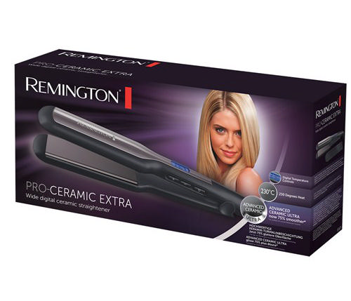 Remington Pro-Ceramic Extra saç düzleştiricisi kutusu, bir kadının yüzü ve ürün ile.