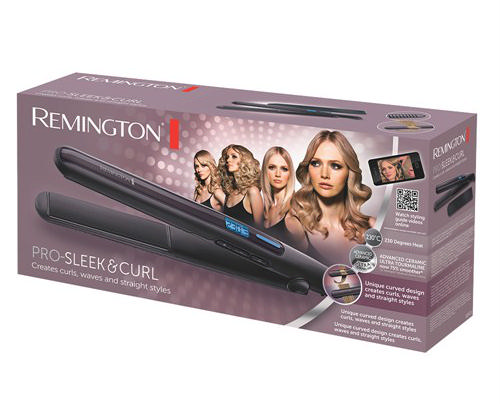 Remington Pro-Sleek & Curl saç düzleştirici kutusu. Model resimleri ve ürün özelliklerini gösterir.