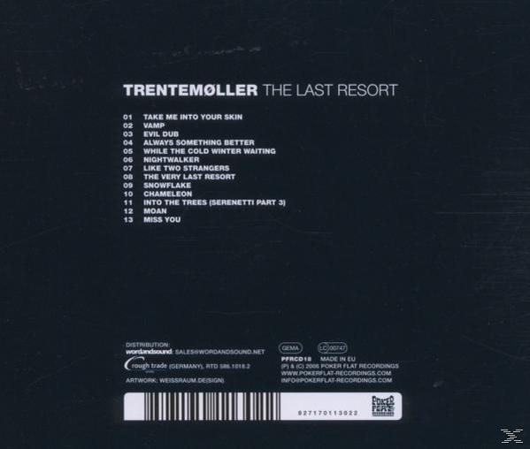 Albumcover. Schwarzer Hintergrund mit weißem Text. Listet Songs auf. TRENTEMØLLER - The Last Resort. Barcode unten.