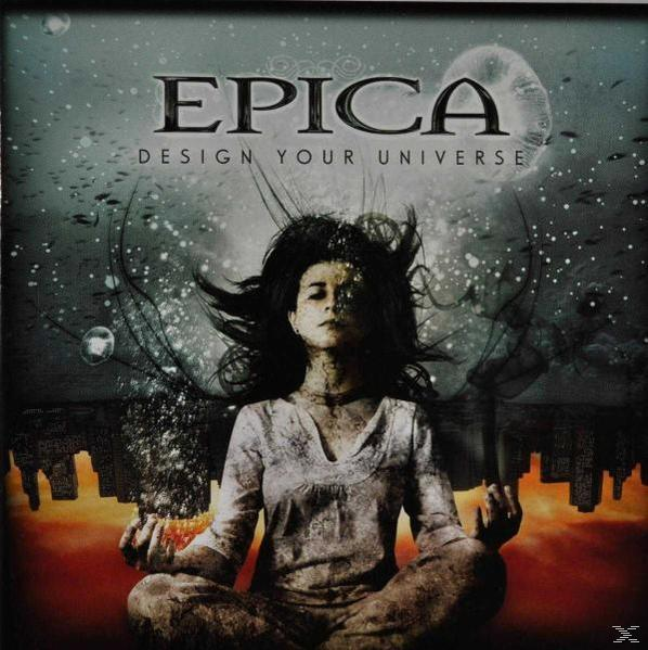 Albumcover: Epica, Design Your Universe. Frau in Meditationspose, Stadtsilhouette, Weltraumhintergrund.