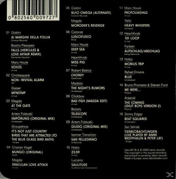 CD-Rückseite mit Titelliste. Der Text ist weiß auf schwarzem Hintergrund. Verschiedene Künstler sind aufgeführt.