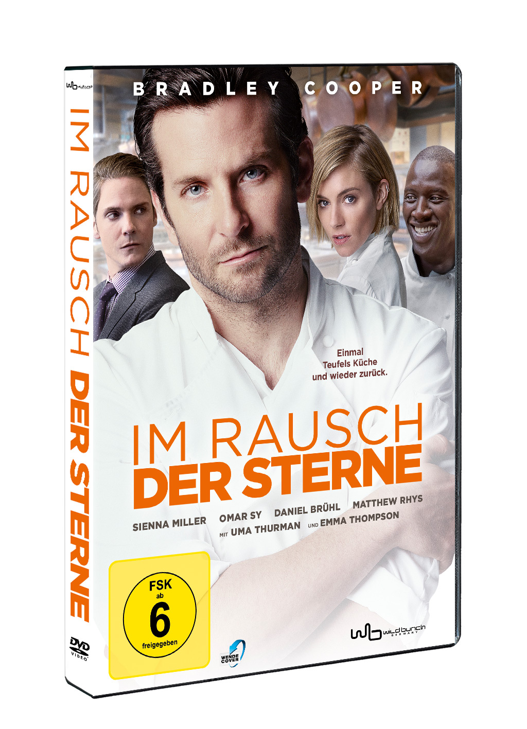 DVD-Cover: 'Im Rausch der Sterne'. Bradley Cooper im Kochuniform mit anderen Schauspielern.