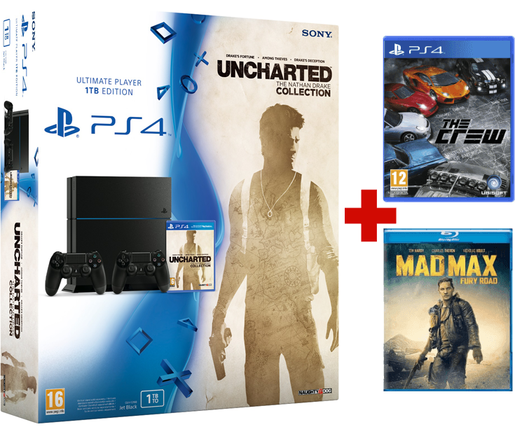 PLAYSTATION PS4 1 TB Noir + Uncharted: Collection + The Crew + Mad Max: Fury Road + Manette extra